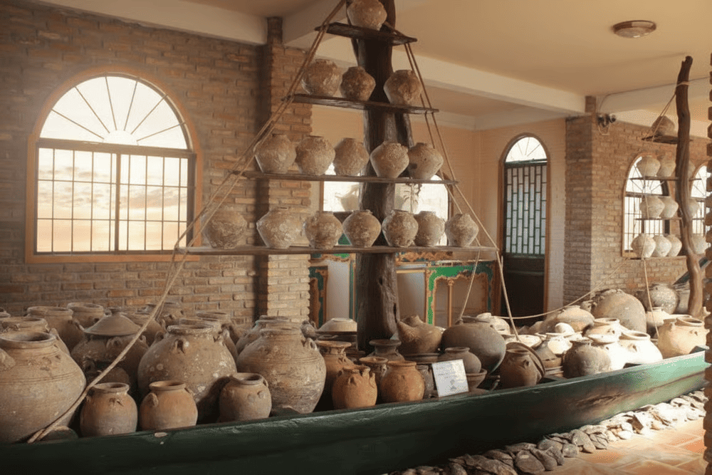 The museum displays a traditional fishing boat filled with ancient ceramic jars